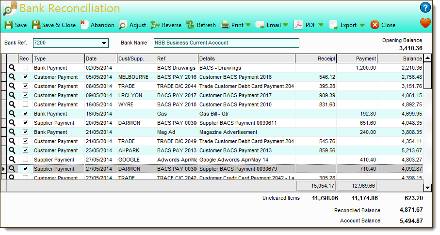 Bank section - Avanti accounting software